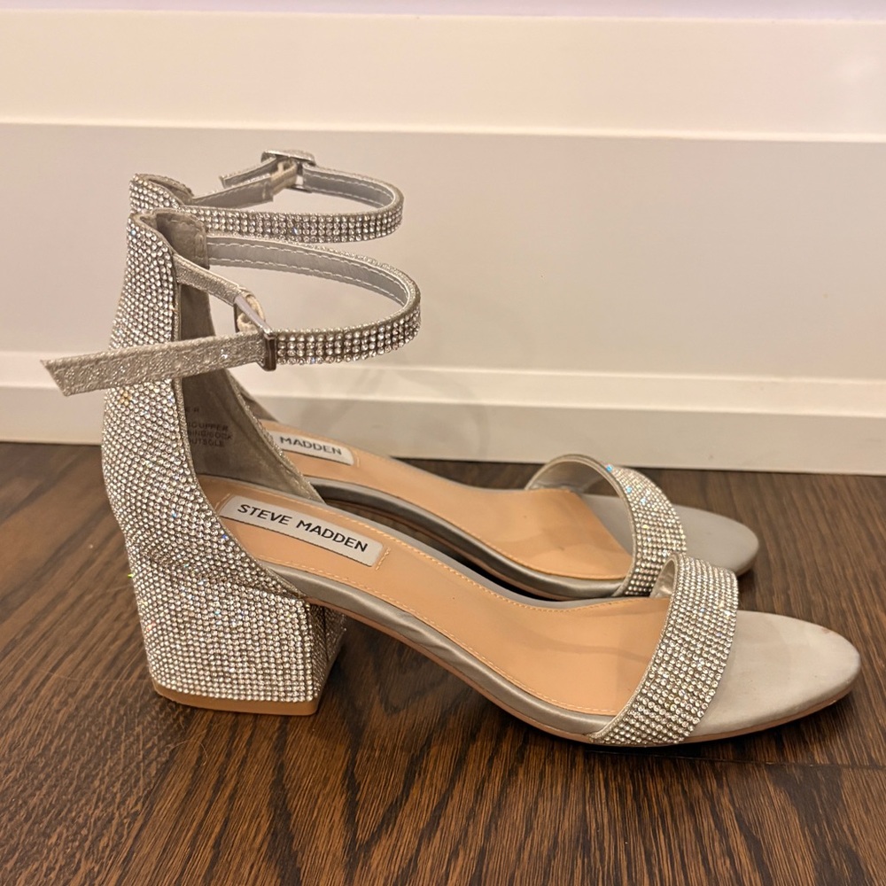 Steve Madden Silver Irene Rhinestone Block Heel Sandals with Ankle Strap